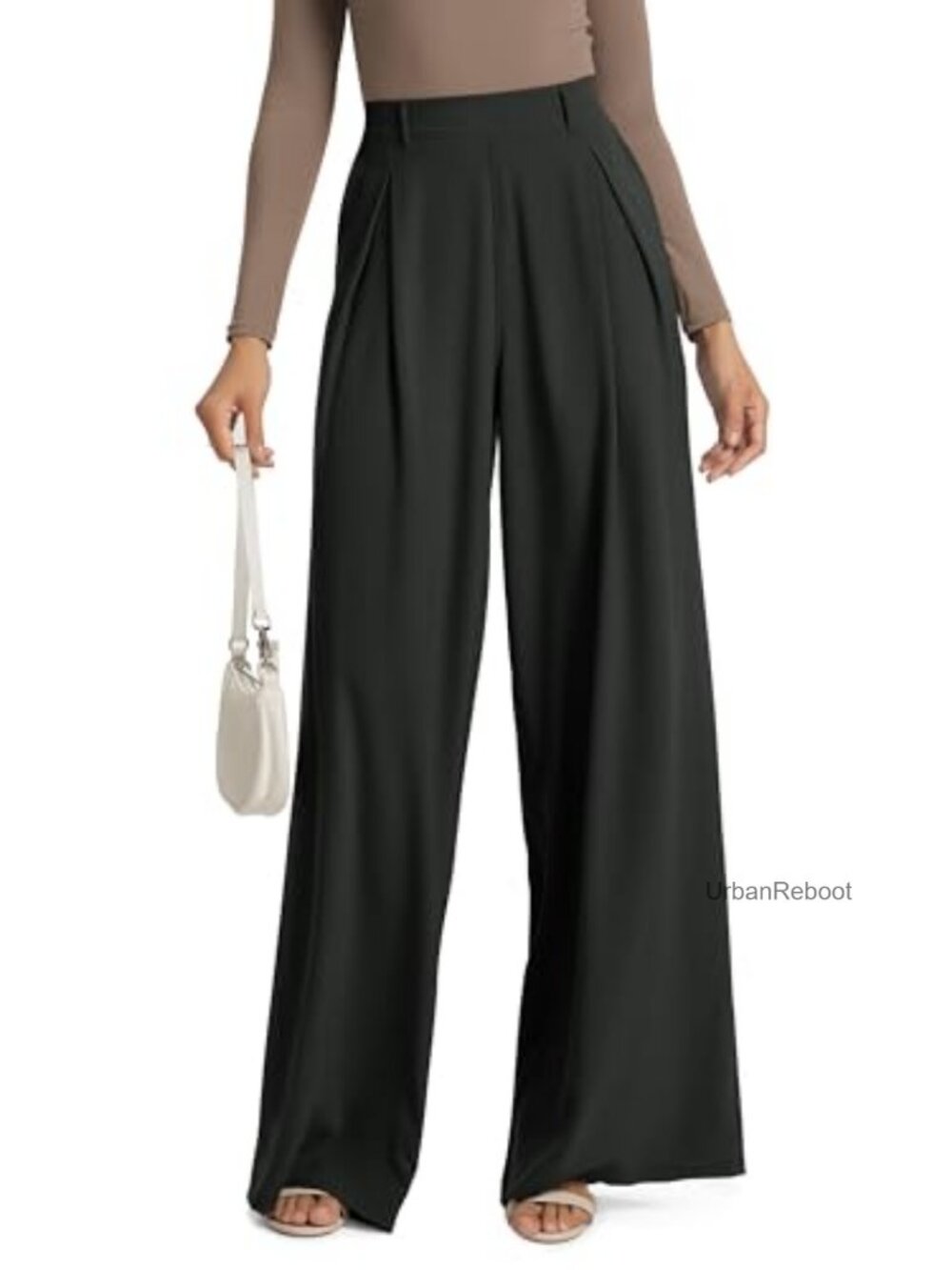Chiffon Flowy Pleated Wide Leg Pants High Waist Trousers with Pockets 27/29/31